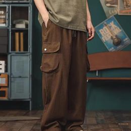 Men's Pants 2023 Autumn Vintage Fashion Solid Color Cargo Casual Versatile Drawstring Elastic Waist Loose Wide Leg Trouser