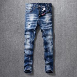 Men's Jeans Fashion Designer Men Retro Washed Blue Elastic Slim Painted Ripped Spliced Hip Hop Vintage Denim Pants Hombre