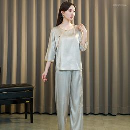 Women's Sleepwear Ice Silk Pyjama Set Pyjamas Summer Chinese Style Satin Print Nightwear Two Pieces Home Clothing Outdoor