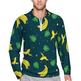 Men's Polos Banana Print Casual T-Shirts Men Green Leaves Long Sleeve Polo Shirts Turn Down Collar Vintage Spring Graphic Shirt Plus Size