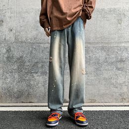 Men's Jeans 2023 High Street American Style Retro Yellow Mud Washed Torn For Straight Tube Trendy Label Draped Loose Pants