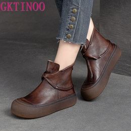 Boots GKTINOO Genuine Leather Flat Platform Shoes Autumn Winter Retro Solid Colour Round Toe Thick Soled Short 230907