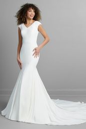 2023 New Crepe Mermaid Modest Wedding Dresses With Cap Sleeves Buttons Back Simple Elegant Modest Wedding Gowns V Neck