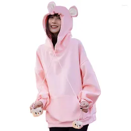 Women's Hoodies Harajuku Kawaii Bear Ears Hooded Sweatshirt Drop Sleeve Solid Velvet Thick Casual Outwear Girls Pullover Clothes