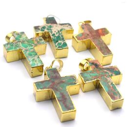 Pendant Necklaces Natural Turquoise Cross Pendants Electroplating Necklace Unique Crystals Gold Plating Fashion Jewelry 40mm