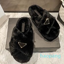 Women Winter Wool Slippers Thick Bottom Faux Fur Fluffy Slides Half Trendy Sandals Solid Colour Plush