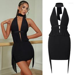 Stage Wear Sexy Latin Dance Costume Women Halter Neck Backless Black Dress Rumba Practice Clothing Party Prom Fringe DNV18529