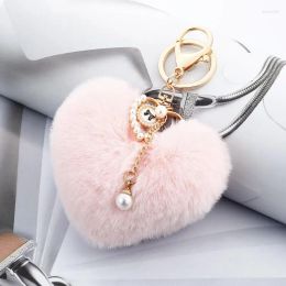 Keychains Autumn Winter Love Imitation Hair Pearl Peach Heart Bag Keyring Plush Accessories Woolly Ball Car Key Pendant