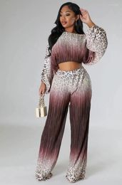 Women's Two Piece Pants Cutubly Leopard Print Women Trousers Suits 2023 Off The Shoulder Long Sleeve Crop Tops And Wide Leg Sets