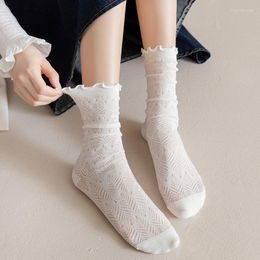 Women Socks Fashion Spring Summer Mid Tube White Lace Frilly Ruffle Cotton Girls Casual Sweet Breathable Crew