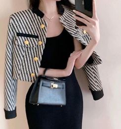 Women's Jackets Black White Contrasting Diagonal Stripes Short Cardigan Coat 2023 Autumn Clothing Slim Fit Jacket