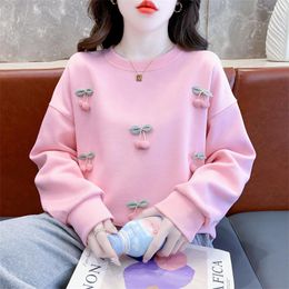 Women's Hoodies 2023 Autumn Round Neck Sweatshirt For Korean Edition Loose Solid Cherry Long Sleeve Pink Top Ins Fashion Coat