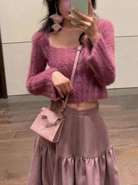 Women's Sweaters 2023 Autumn Faux Fur Knitted Sweater Women Long Sleeve Y2k Crop Tops Sweet Elegant Pullover Office Lady Sexy Korean Fashion