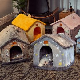 kennels pens Foldable Dog House Pet Cat Bed Winter Villa Sleep Kennel Removable Nest Warm Enclosed Cave Sofa Pets Supplies 230907