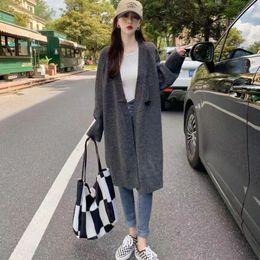 Women's Knits Tees Autumn Winter Knit Cardigan Women Office Lady Mid Length Loose Sweater Knitted Outer Wear V Neck Horn Buckle Flare Sleeve Coat 230906