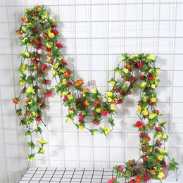 Decorative Flowers 2.3M 40 Head Artificial Small Rose Rattan Wedding Home Decoration Flower Pipe Air Conditioning