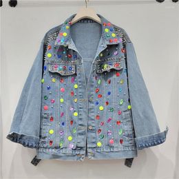 Women's Jackets Heavy Work Rivet Diamonds Beaded Denim Coat Loose Women Blue Short Outwear 2023 Spring Female Jeans Jacket Casual Streetwear