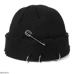 Beanie/Skull Caps Harajuku Brooch Beanies Hats Ripped Holes Knitted Hats Plain 2023 Spring Autumn Winter Soft Cotton Warm Caps Men Women Hip Hop x0907