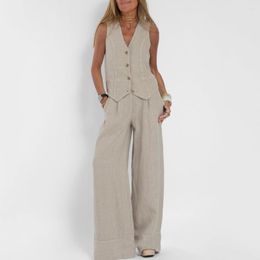 Women's Two Piece Pants Vintage Women Suit Cotton Linen Long Sleeveless Vest Set V-neck Autumn Summer Wide Leg Casual Fashion Outfit