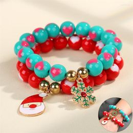 Charm Bracelets 2pcs/set 12mm Acrylic Heart Beads Fashion Stretch Bracelet Est Christmas Santa Claus Pendant Women Set Gift