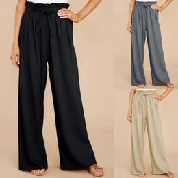 Women's Pants Cotton Linen Wide Leg Lounge High Waisted Adjustable Tie Knot Trousers Solid Color Casual Ruched Oversized Palazzo