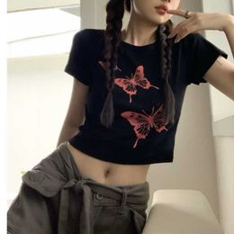 Deeptown 2000s Y2k Streetwear Graphic Crop T-shirts Women Korean Fashion Slim Black Short Sleeve Top Female Hippie Casual Tees