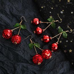 Dangle Earrings Cute Sweet Fruit Glitter Beads 3D Red Cherry Drop Disco Mirror Ball For Women Girls Dancing Party Jewelry Gift