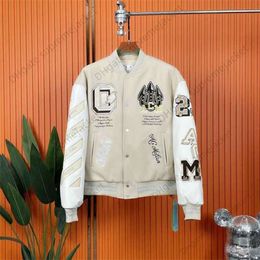 Autumn/Winter off brand white jacket 2024 fashion new hand-embroidered wool baseball jacket for men and women casual coat