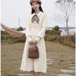 Casual Dresses Turn-down Collar Waist Preppy Style Autumn Apricot Scarf Button Womens Fashion Patchwork Slim A-line