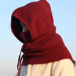 Berets Winter Neck Collar Hats One-Piece Unisex Knitted Hooded Cap Men Women Adjustable Drawstring Beanie Warm Ring Scarf Fshion