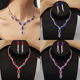 Pendant Necklaces Red Blue Amethyst Two Piece Jewellery Set Diamond Crystal Bridal Wedding Necklace Earrings Suit Banquet Dress Neckchain