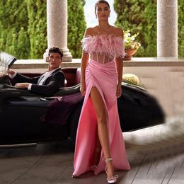 Party Dresses Weilinsha Pink Feathers Strapless Evening Dress Sexy High Side Slit Sleeveless Mermaid Pleat Open Back Event Gowns