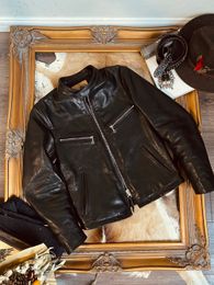 Men's Leather Faux Tailor Brando 1838 Italy Uncoated Waxed Calf Collar Short Biker Jacket 230908