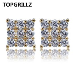 Stud TOPGRILLZ Hip Hop 3Row Cubic Zircon Square Stud Earrings Men Women Jewellery Gold Silver Colour CZ Earring With Screw Back Buckle 230908