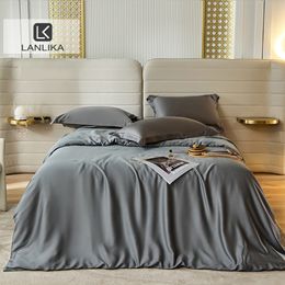 Bedding sets Lanlika Summer Dark Grey 100% Silk Duvet Cover Pillow Case Bed Sheet Quilt Set Linen King Queen Fitted 230907