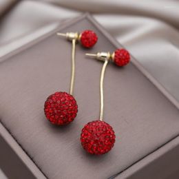 Dangle Earrings South Korea's Fashion Jewellery Festive Red Crystal Ball Pendant Long Simple Elegant Women's Dance Party Accessories