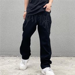 Men's Jeans luxury Designer Denim Embroidery Black Fashion Streetwear Low Rise Baggy Straight Hip Hop Trousers212E