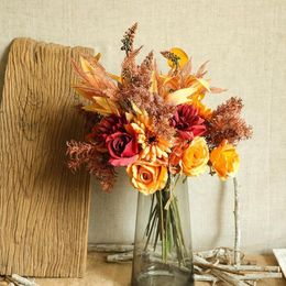 Decorative Flowers No Watering Artificial Flower Realistic Fall Faux Bouquets Sunflowers Roses Leaves For Non-withering Home Decor Po