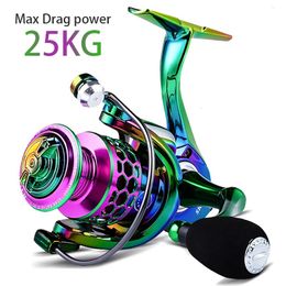 Fly Fishing Reels2 AllMetal 25KG Max Drag Power Reel Super Smooth 10006000 Series Colorful Spinning Freshwater And Seawater Dual Use 230907