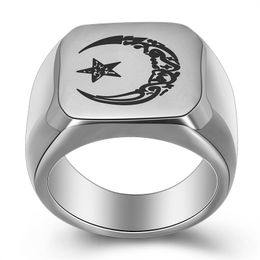Men Women's Religious Islamic Moon And Star Crescent Muslin Ring Square Stainless Steel Silver Gold Blue Catholic Christianity the religion bishop Jewellery Gift