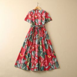 2023 White / Red Floral Print Belted Dress Short Sleeve Round Neck Cotton Midi Casual Dresses S3F131623