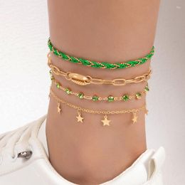 Anklets HuaTang Bohemian Style Woven Star Studded Diamond Chain Set Of Four Green Fresh Women's Anklet