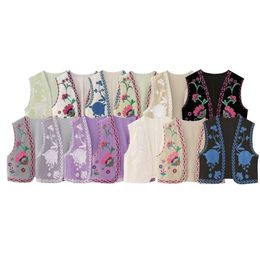 Gilet ricamato a fiori, top corto primaverile, cappotto da donna senza maniche rettangolare colorato