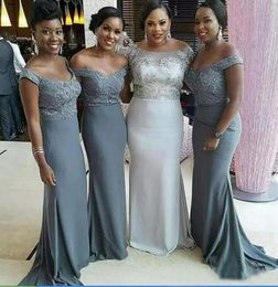 Off the Shoulder Grey Bridesmaid Dresses Tight Maid Of Honor Gowns Formal Wedding Guest Dress 2023 Plus Size African Sexy Short Sleeves