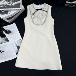 2023 Summer White Solid Colour Ribbon Tie Bowknot Dress Sleeveless Round Neck RhinestoneKnee-Length Casual Dresses S3S01M113
