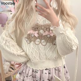 Women's Sweaters Vintage Sweet Lolita Style Knitted Pullover Girls Cute Plush Cartoon Bear Embroidery Bow Sweater Women Harajuku Knitwear Tops 230907