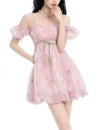 Pink Elegant Party Strap Mini Dres Summer Chiffon France Vintage Dress Female Bubble Sleeve Korean Style Fairy 230808