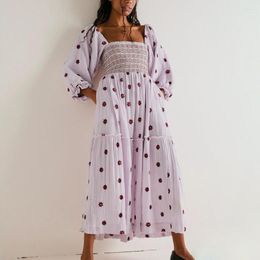 Casual Dresses Square Neck Boho Dress Ruffle Flower Print Patchwork A-line Midi Feminine Spring Fall Lady's Fashion With