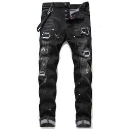 Designer Ripped Jeans For Men 2023 Streetwear Letter Black Jeans Pants Gothic Punk Stretchable Hip Hop Dance Trousers Y231981