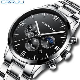 Relogio Masculino CRRJU Men Luxury Full Steel Watches Fashion Sport Quartz Military Dress Watch Male Luminous Waterproof Clock261J